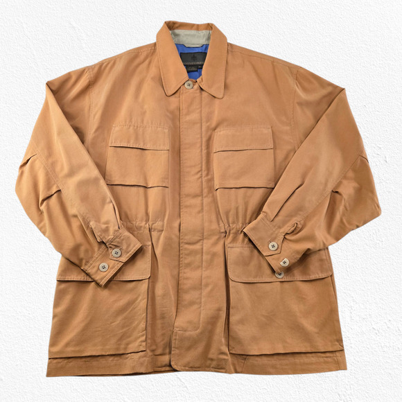 1990s Vintage Rainforest Tan Silk Cotton Safari Jacket Utility Coat Size Medium - Picture 1 of 12